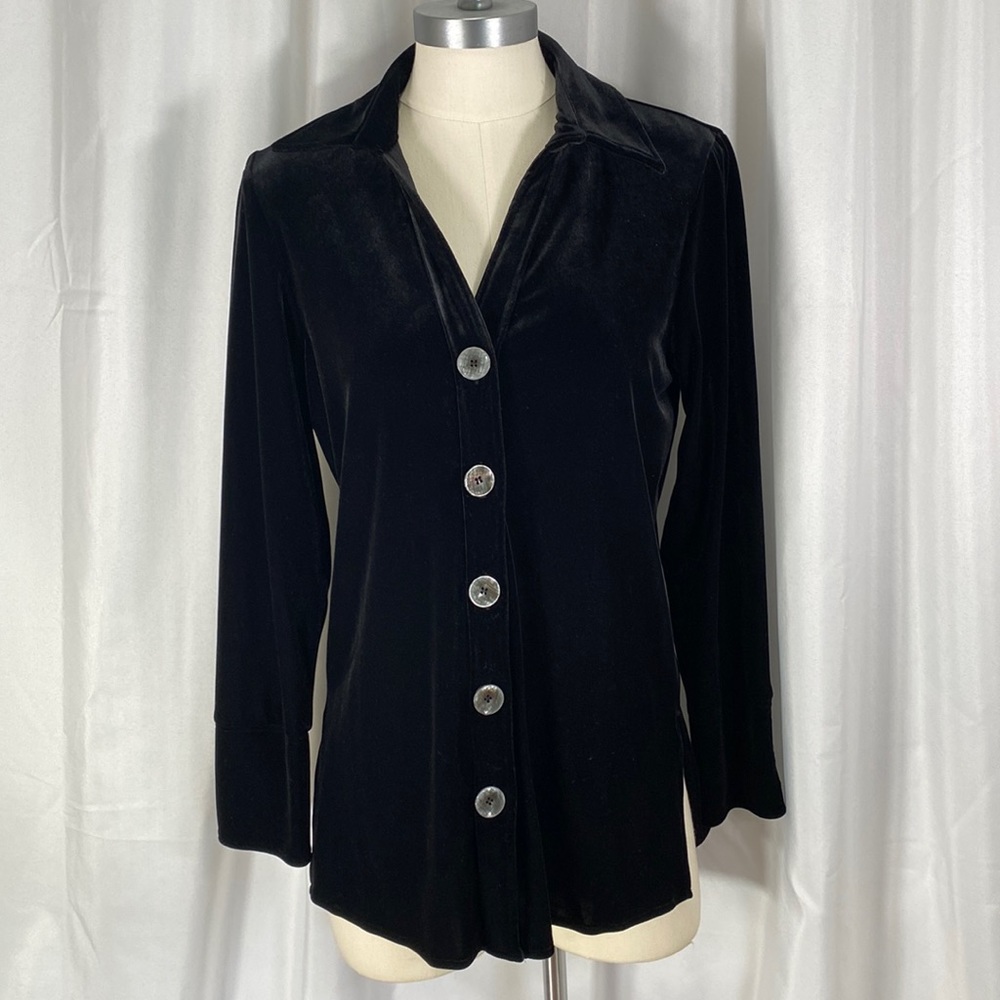Harve Bernard black velvet look button up jacket overshirt brunch church small